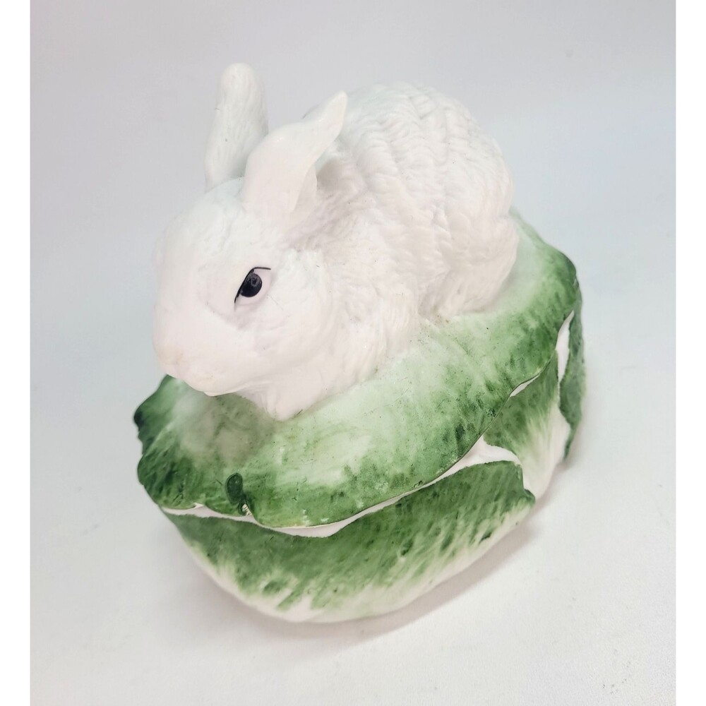 Bisque Porcelain Bunny Rabbit Trinket Box 1989 CBK Cabbage Leaf Spring Easter
